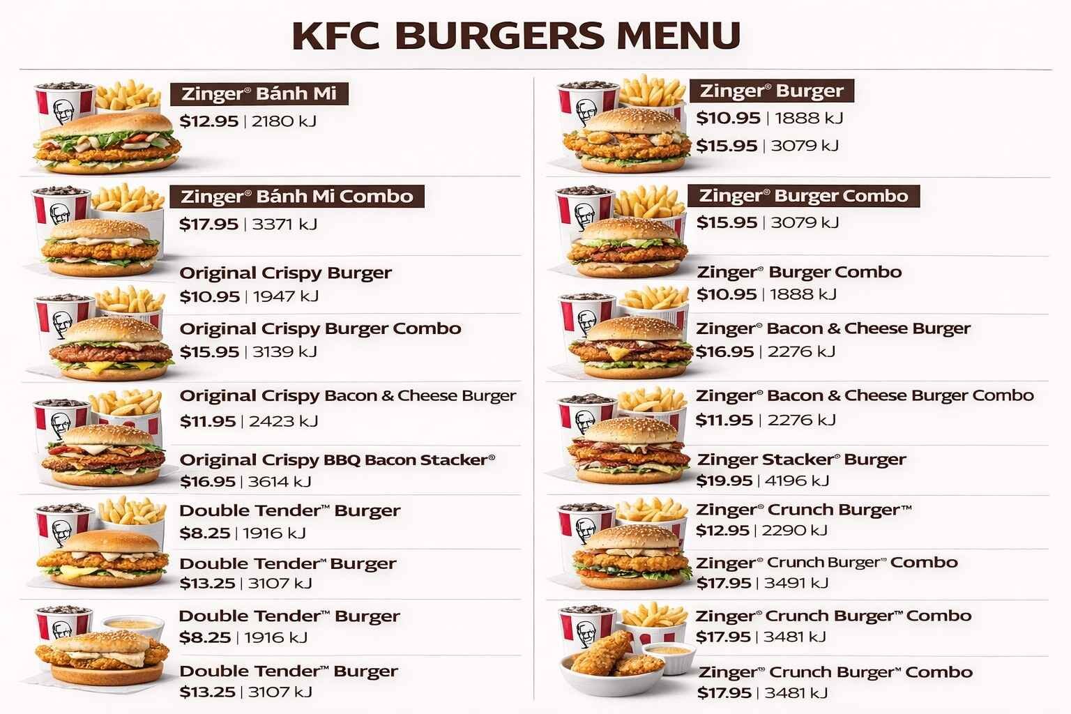 KFC Burgers Menu