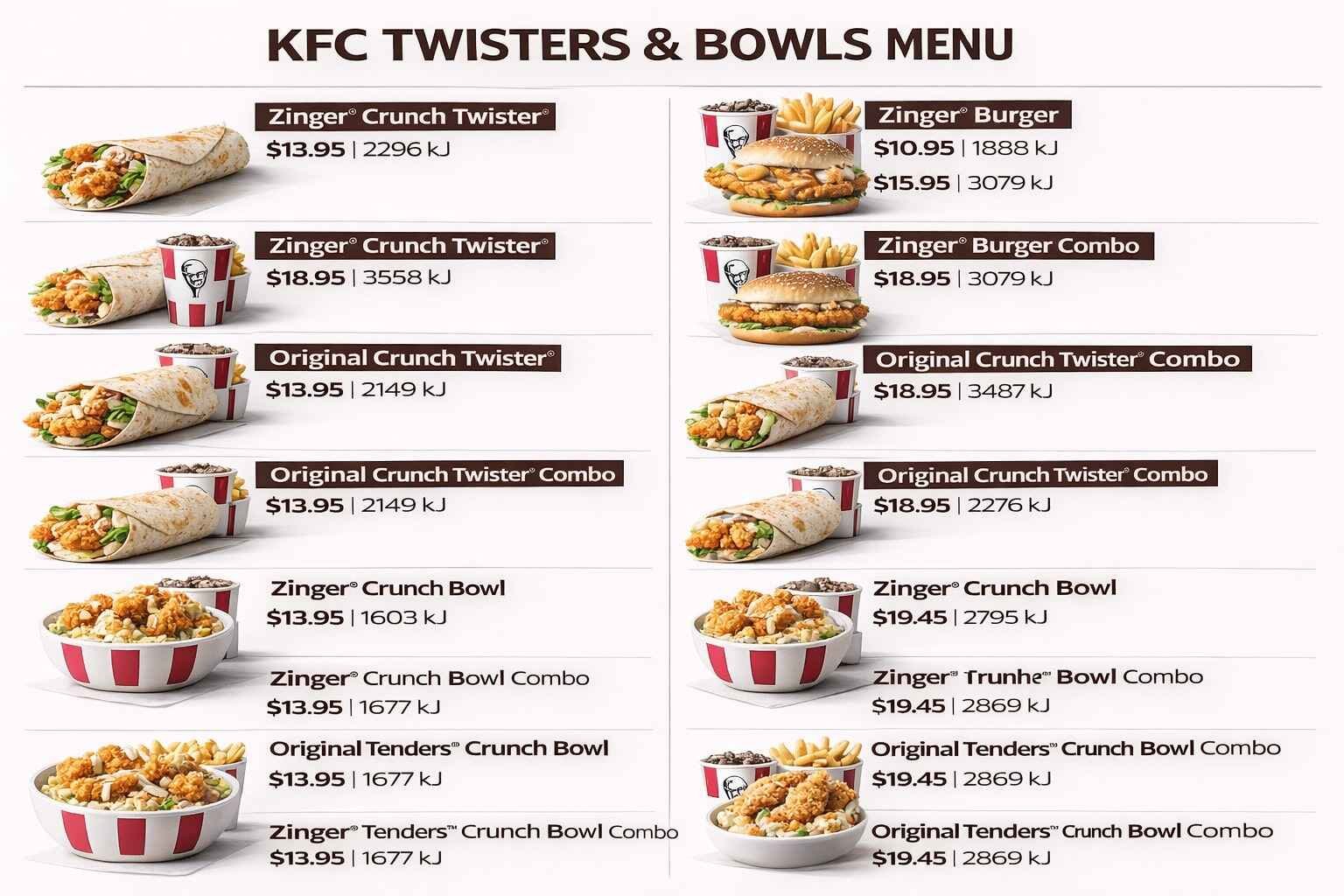 KFC Twisters & Bowls Menu